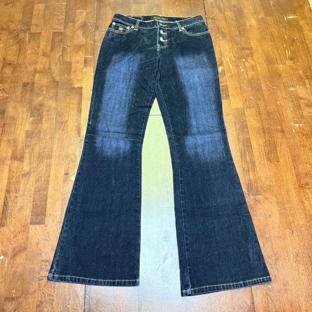 Bongo Let Me B Vintage Flare Jeans Womens 9 Dark Wash Button Fly Flocked Denim